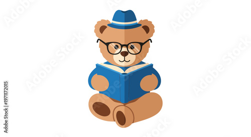 Cartoon bear, reading glasses, blue hat, bookworm, educational icon