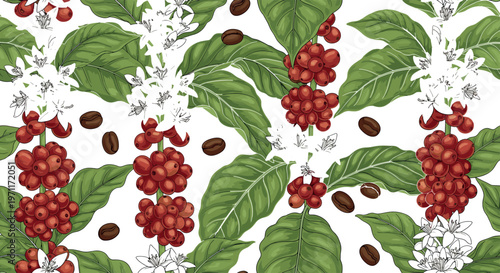 Coffee Plant Pattern with Red Berries, Green Leaves, and Coffee Beans for Organic, Nature, and Beverage Design