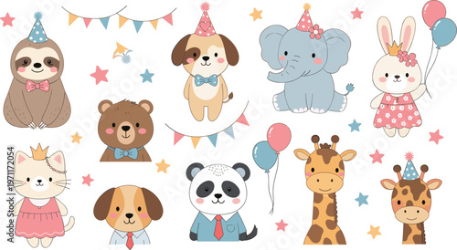 Cute animal party characters vector set with sloth dog elephant bunny panda giraffe cartoon collection for kids birthday design and nursery illustrations
