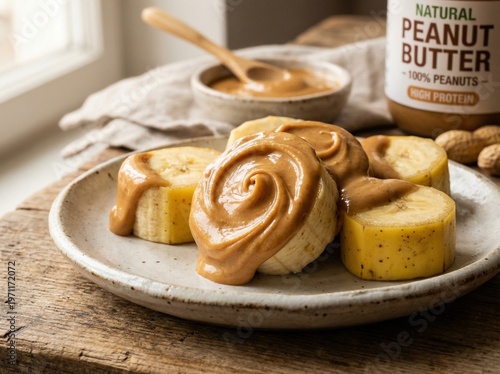 Banana Slices Dipped in Creamy Peanut Butter Macro Close Up Healthy Snack Protein Diet Food Photography
