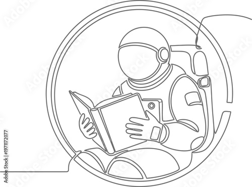 Astronaut reading in space a line art illustration