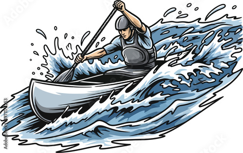 Dynamic cartoon illustration of a kayaker paddling through whitewater rapids symbolizing extreme sports adventure and competitive spirit