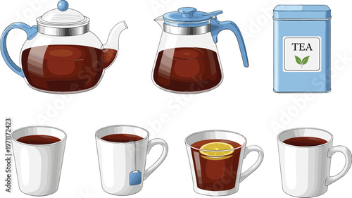 Tea set collection with teapots, cups, and tea container, hot beverage concept, glass and ceramic drinkware isolated vector illustration