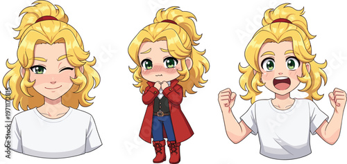 Anime girl character set, cute chibi and portrait expressions, blonde hair female, manga style illustration collection isolated on white background
