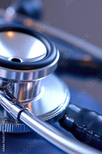 A close-up view of a stethoscope lying on a blue cloth, suitable for medical or health-related themes vertical frame