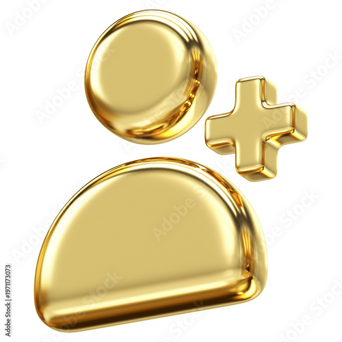Stylish 3D golden user icon with plus sign for adding new members or friends, Bright metallic finish perfect for social networking, recruitment
