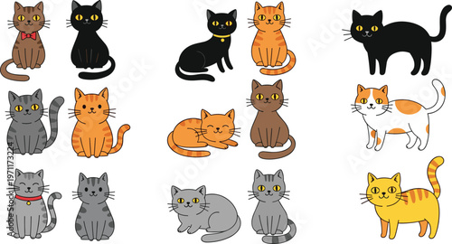 Cute cat cartoon collection vector illustration with different poses and colors, adorable domestic pets set for kids design, animal characters and playful kitten bundle