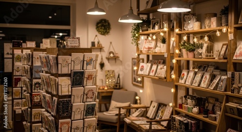 Cozy Interior of a Boutique Gift Shop with Warm Lighting and Various Products on Display.