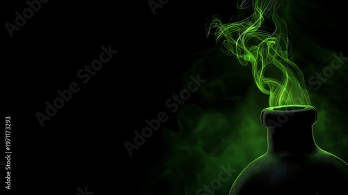 Close up of potion flask neck with neon green smoke swirling left