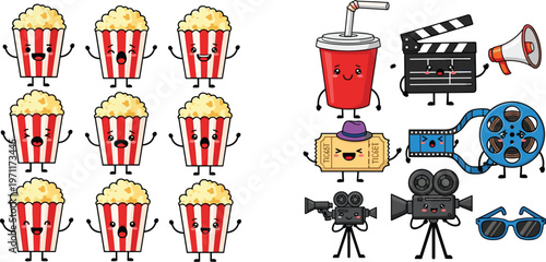 Cute cinema entertainment kawaii character collection vector set with popcorn soda camera clapper megaphone icons isolated on white background