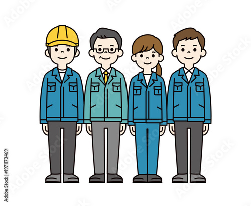 作業服を着た社長・経営者・上司と複数の男女の従業員・社員の全身ベクターイラスト素材セット
