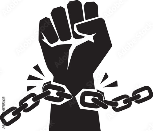 A clenched fist breaking free from heavy chains represents liberation and empowerment.