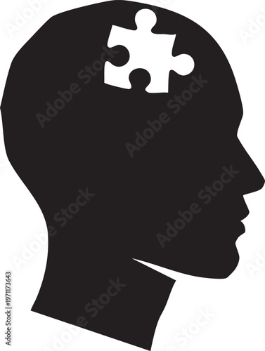Mystery puzzle piece integrated within a silhouette of a human head representing thought or cognition.