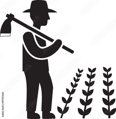 Farmer using a hoe to tend to young plant rows in a field