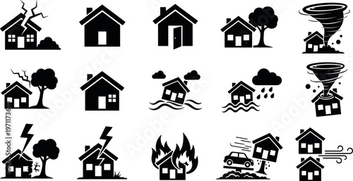 Natural disaster house icons set including earthquake flood tornado lightning fire storm damage emergency vector silhouette collection