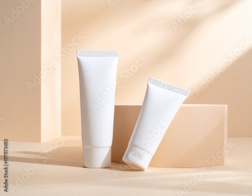 Minimalist aesthetic shot of two blank white cosmetic tubes on a pastel background with soft shadows and geometric shapes