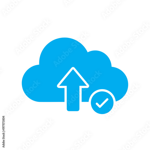 Blue cloud graphic with an upload arrow and confirmation checkmark, illustrating data syncing.