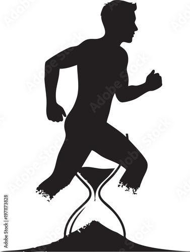 Silhouette of a runner passing the hourglass symbolizing the passage of time during a race.