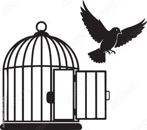 Bird escaping from an open cage symbolizing freedom and liberation