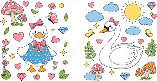 Cute duck and swan cartoon vector illustration with flowers, hearts and nature elements, adorable animal characters set for kids design and fairytale theme