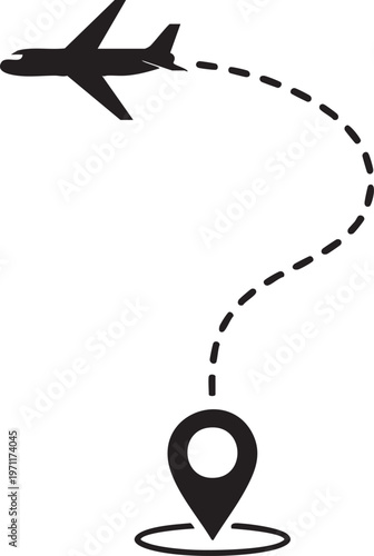 Airplane flying towards a map location pinpointing a destination on earth.