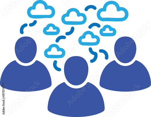 Illustration depicting collaborative cloud-based communication and data sharing among three individuals