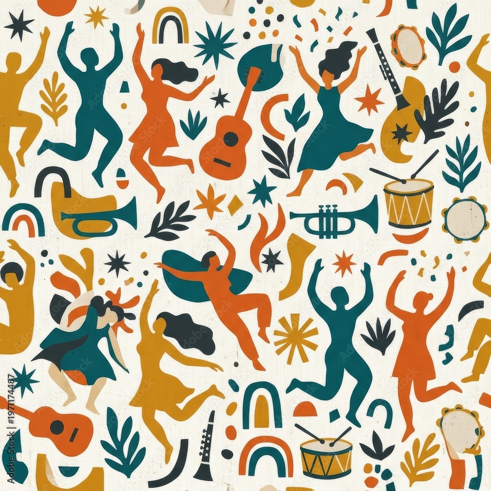 Obraz premium Mid-century modern pattern featuring dancing people and musical instruments
