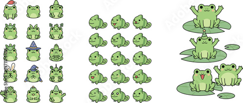 Cute frog cartoon collection vector illustration with different poses and emotions, adorable green amphibian characters set for kids design, nature and pond theme