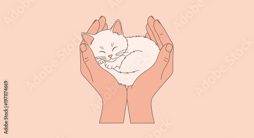 Tender hands lovingly cradle a peacefully sleeping white kitten, embodying gentle care and precious new life