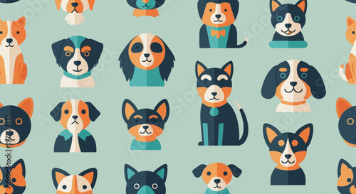 Delightful seamless pattern featuring a diverse collection of charming dog faces and figures in a modern, flat design style, ideal for pet-themed backgrounds and digital illustrations