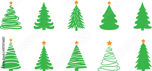 Flat design green Christmas tree with star topper and ribbon decoration