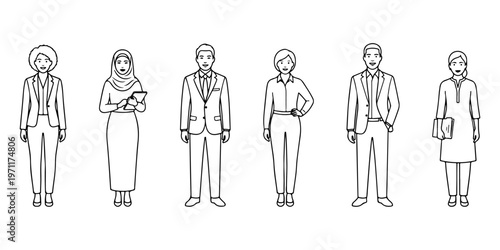 Diverse Business People White Fill Vector Set Standing in Line, Multicultural Office Workers Clean Minimal Characters, Professional Men and Women Corporate Team for HR Concepts