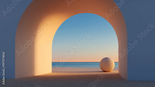 Architectural archway framing a serene beach scene with a large spherical object on the sand, illuminated by soft sunset colors and calm ocean waves in the background