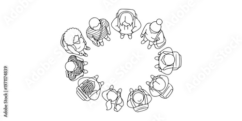 Top View Vector of Students in Circle with White Fill and Black Outline for Architectural Site Plan