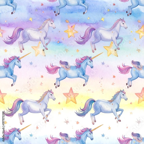 A whimsical pattern of white unicorns with pastel manes