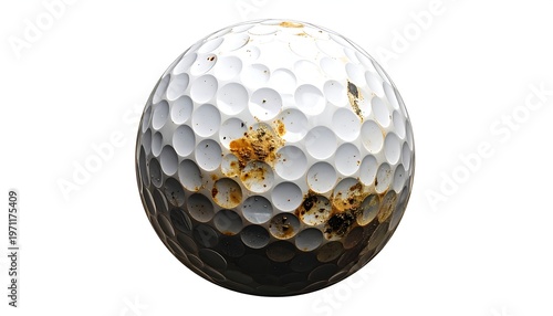 Dirty golf ball with stains and imperfections isolated on white background.