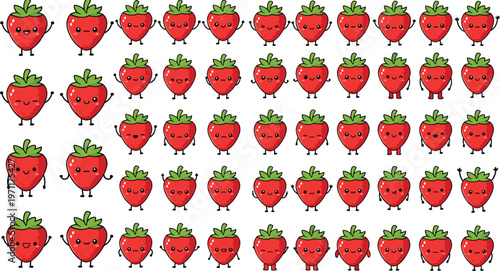 Cute strawberry characters set – funny cartoon fruit mascots with different emotions