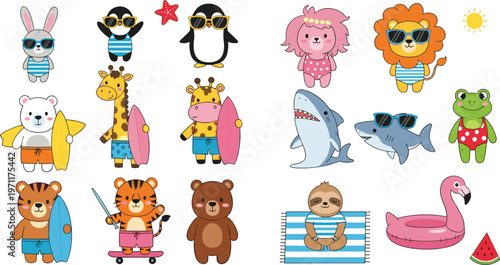Cute summer animals collection vector illustration with cartoon characters wearing sunglasses, beach elements, tropical vibes and funny wildlife set for kids design