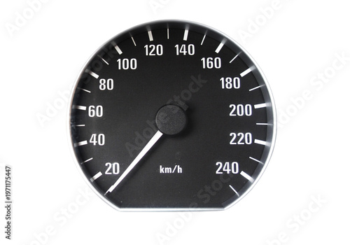 Modern analog car speedometer isolated on transparent background, black vehicle dashboard gauge with km/h scale up to 240, automotive performance asset.