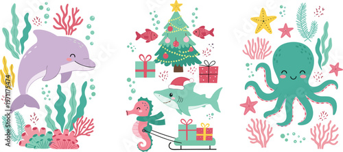 Cute underwater Christmas cartoon collection vector illustration with dolphin, shark, octopus and festive decorations, holiday sea animals set for kids design and winter theme