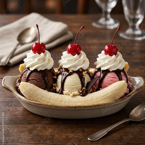 Banana Split with Ice Cream Chocolate Syrup Whipped Cream and Cherries Indulgent Dessert Advertising Food Photography