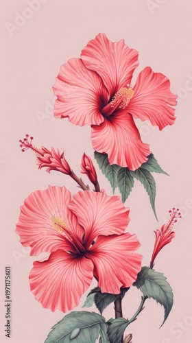 Vintage drawing pink hibiscus flower pattern sketch.
