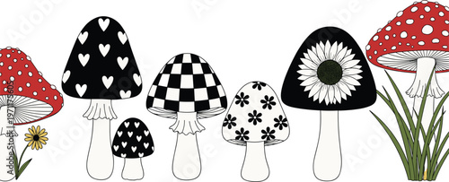 Decorative mushroom set – black and white patterned toadstools with floral designs