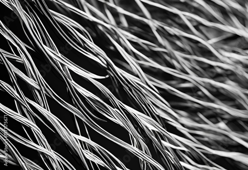 Close-up tangled fiber structures in black and white emphasizing intricate texture patterns and layered visual depth