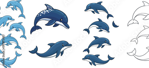 Dolphin cartoon vector collection with cute marine mammals in different poses, playful ocean animals set for kids design, aquatic illustration and sea life theme