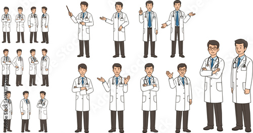 Doctor character poses vector collection set with male medical professional in lab coat various gestures healthcare illustration isolated on white background