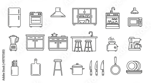 Kitchen appliances and utensils outline drawing, perfect for culinary and cooking themes.