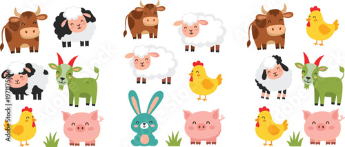 Farm animals set – cute cartoon cow, sheep, pig, chicken and goat collection
