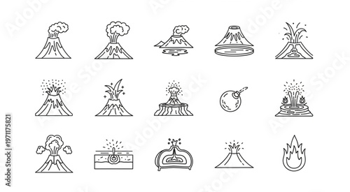 Collection of hand-drawn volcano illustrations depicting various stages of eruption and activity.