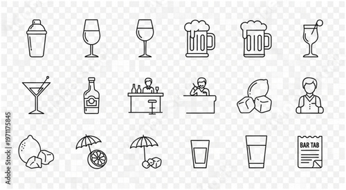 Collection of various beverage icons and bar related elements in line art style.